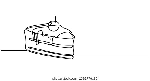 Slice of Cake Continuous Line Icon, Slice of Cake Continuous Line Art Illustration, A single line drawing of a cake. Continuous line thanksgiving cake icon in color Vector illustration