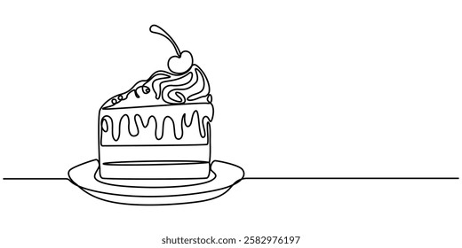 Slice of Cake Continuous Line Icon, Slice of Cake Continuous Line Art Illustration, A single line drawing of a cake. Continuous line thanksgiving cake icon in color Vector illustration