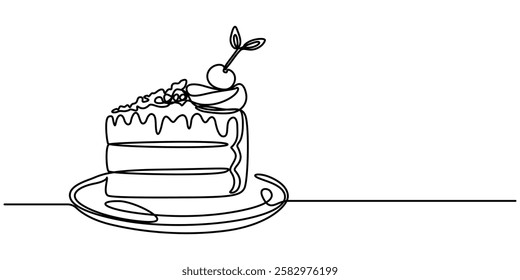 Slice of Cake Continuous Line Icon, Slice of Cake Continuous Line Art Illustration, A single line drawing of a cake. Continuous line thanksgiving cake icon in color Vector illustration