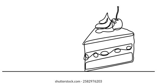 Slice of Cake Continuous Line Icon, Slice of Cake Continuous Line Art Illustration, A single line drawing of a cake. Continuous line thanksgiving cake icon in color Vector illustration