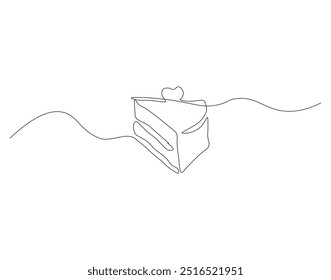 Fatia da linha contínua do bolo. Um prato contínuo de corte de massa de desenho de uma linha com cereja. Conceito de sobremesa. Vetor de desenho de linha única

