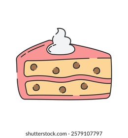 Slice of Cake Doodle Illustration, A layered slice of cake topped with whipped cream.