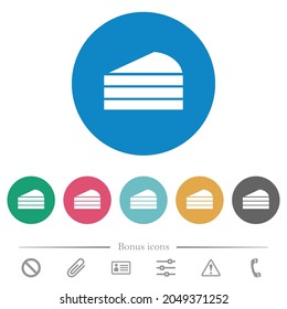 Slice of cake flat white icons on round color backgrounds. 6 bonus icons included.