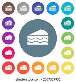 Slice of cake flat white icons on round color backgrounds. 17 background color variations are included.