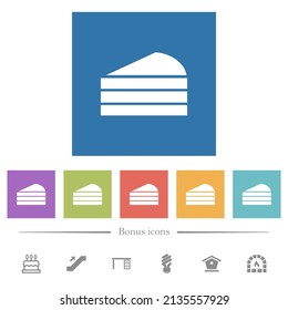 Slice of cake flat white icons in square backgrounds. 6 bonus icons included.