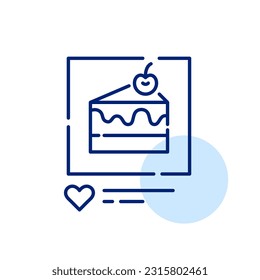 Slice of cake with frosting and cherry on top. Baking hobby. Yummy desert post on social media. Pixel perfect icon