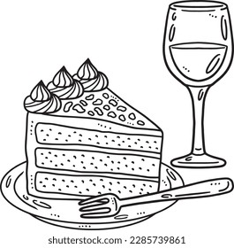 Slice Cake with Glass of Wine Isolated Coloring 
