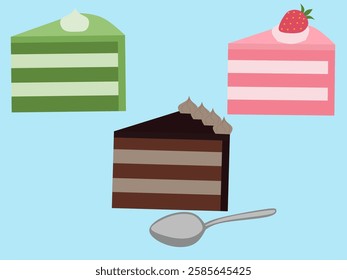 Slice cake with Greentea, strawberry and chocholate flavour