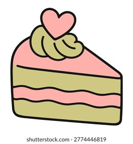 a slice of cake with a heart-shaped topping. The cake has a pastel pink frosting layer, with a light green base, and is topped with a swirl of cream and a small heart decoration, giving it a sweet and whimsical look.