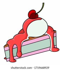Slice of cake with ice cream and cherry.