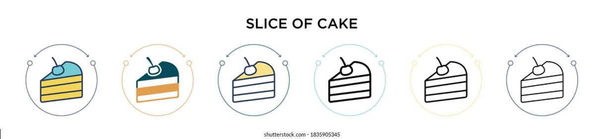 Slice of cake icon in filled, thin line, outline and stroke style. Vector illustration of two colored and black slice of cake vector icons designs can be used for mobile, ui, web