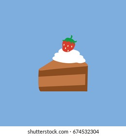 Slice Of Cake Isolated Flat Design Style & Strawberry Cartoon With Whipped Cream On The Top. Tasty Dessert In Vector Menu Restaurant Or Piece Of Birthday Chocolate Cake Icon. Celebrate & Celebration