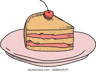 A slice of cake with layers and a cherry on top, drawn in a sketch style. The cake sits on a plate, featuring hand-drawn lines and details. Cartoon vector illustration.