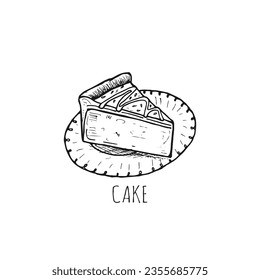 Slice of cake on circular paper plate doodle cartoon outline vector hand-drawn.
