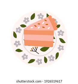 Slice of cake on hand painted porcelain plates. Decorative ceramic plates dry flowers, traditional floral pattern. Spring picnic concept. Hand drawn flat vector elements illustration.