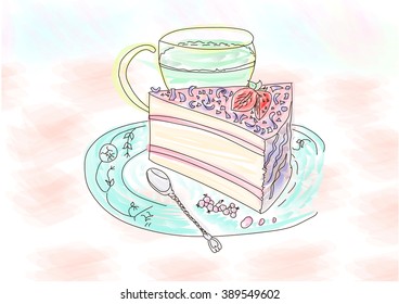 slice cake on plate with cup tea watercolor drawing