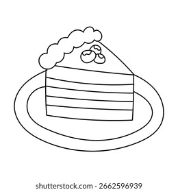Slice of cake on a plate hand drawn doodle. Black outline isolated on white background