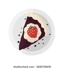 A slice of cake on a plate vector clip art in cartoon flat design. Cute dessert with strawberry and chocolate. Vector illustration isolated on white background. 