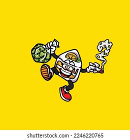 slice cake orange smoking joint and holding bag nug weed flower face high stoned