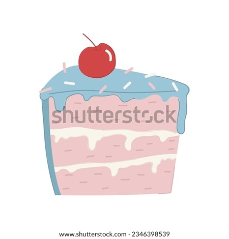 Slice of cake with a red cherry on top.