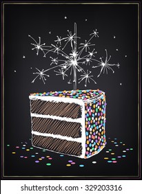 Slice of cake with with sprinkles. Sparklers and confetti. Freehand drawing