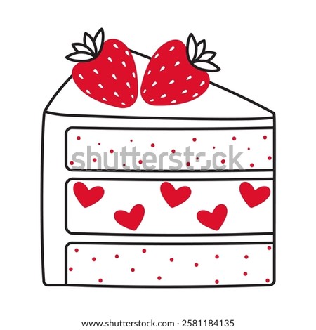 Slice of cake with strawberries. doodle style Hand drawn trendy flat style love isolated icon Romantic symbol of love for graphic design poster tattoo Valentines Day card line art Vector illustration