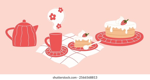 Slice of Cake with Strawberry and Cream, Tea Cup, Teapot, and Whole Cake