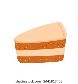 Slice of cake. Sweet bakery piece. Pastry dessert with cream. Vector pie flat illustration isolated on white background.