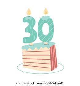 Slice of cake with thirty shape candles vector illustration