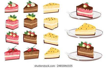 Slice of cake vector set with different flavors and topping. Cake on the plate. Sweet food and dessert. Birthday element. Flat vector in cartoon style isolated on white background.