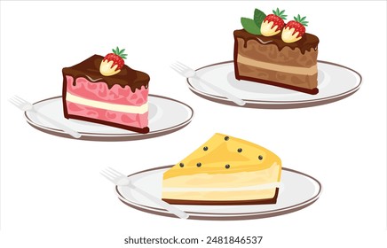 Slice of cake vector set with different flavors and topping. Cake on the plate. Sweet food and dessert. Birthday element. Flat vector in cartoon style isolated on white background.