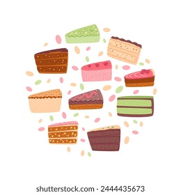 Slice of cakes round emblem. Confectionery shop badge. Sweet bakery piece. Pastry dessert with cream. Vector pie flat illustration.