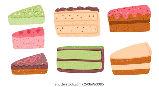 Slice of cakes set. Sweet bakery piece. Pastry dessert with cream. Vector pie flat illustration isolated on white background.