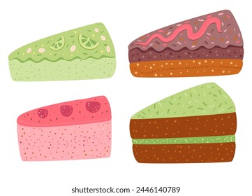 Slice of cakes set. Sweet lime and cherry bakery pieces. Pastry dessert with cream. Vector pie flat illustration isolated on white background.