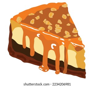 a slice of caramel cheese cake with peanut illustration.