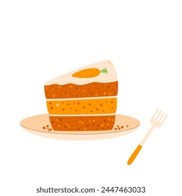 Slice of carrot cake on plate and fork. Pastry dessert with cream for breakfast. Vector pie flat illustration isolated on white background.
