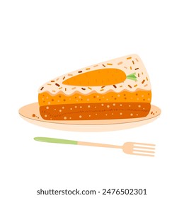 Slice of carrot cake on plate and fork. Sweet bakery piece portion. Pastry dessert with cream for breakfast. Vector pie hand drawn flat illustration isolated on white background.