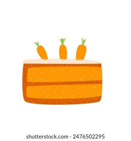 Slice of carrot cake. Sweet bakery piece portion. Pastry dessert with cream for breakfast. Vector pie hand drawn flat illustration isolated on white background.