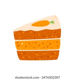 Slice of carrot cake. Sweet bakery piece portion. Pastry dessert with cream for breakfast. Vector pie hand drawn flat illustration isolated on white background.