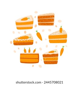Slice of carrot cakes round badge. Sweet bakery piece portion circle emblem. Pastry dessert with cream for breakfast. Vector pie hand drawn flat illustration isolated on white background.