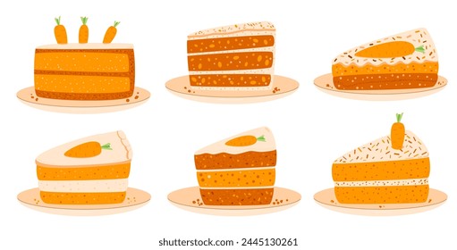Slice of carrot cakes set. Sweet bakery pieces. Pastry dessert with cream and vegetables decoration. Vector pie flat illustration isolated on white background.