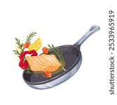 Slice of cartoon salmon with vegetables and herbs flying in pan. Fish, bell pepper ring, diced carrots falling into skillet to fry. Healthy cooking mascot, cartoon dinner in pan vector illustration