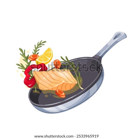 Slice of cartoon salmon with vegetables and herbs flying in pan. Fish, bell pepper ring, diced carrots falling into skillet to fry. Healthy cooking mascot, cartoon dinner in pan vector illustration