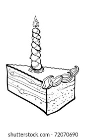 Slice of a celebratory pie with a candle. A children's sketch