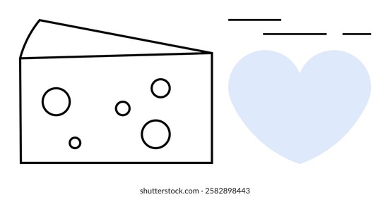 Slice of cheese with circular holes and blue heart with abstract lines. Ideal for food industry, culinary blogs, dairy products branding, healthy eating promotions, minimalist art, educational