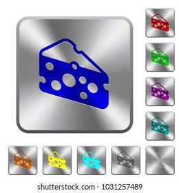 Slice of cheese engraved icons on rounded square glossy steel buttons