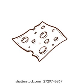 A slice of cheese with holes. Vector illustration in a line art style. A simple black and brown image with no color, isolated on a white background. Suitable for menus, logos, packaging, fast food, culinary projects, restaurants, and decorative elements.