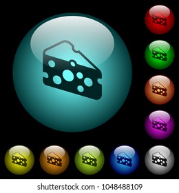 Slice of cheese icons in color illuminated spherical glass buttons on black background. Can be used to black or dark templates