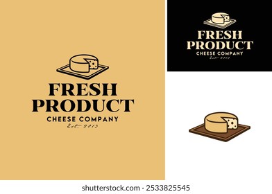 Slice of Cheese on Wooden Cutting Board for Traditional Cheesemonger Shop Store Vintage Classic label logo design