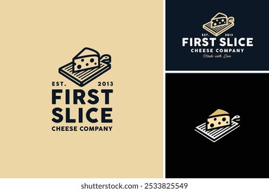 Slice of Cheese on Wooden Cutting Board for Traditional Cheesemonger Shop Store Vintage Classic label logo design